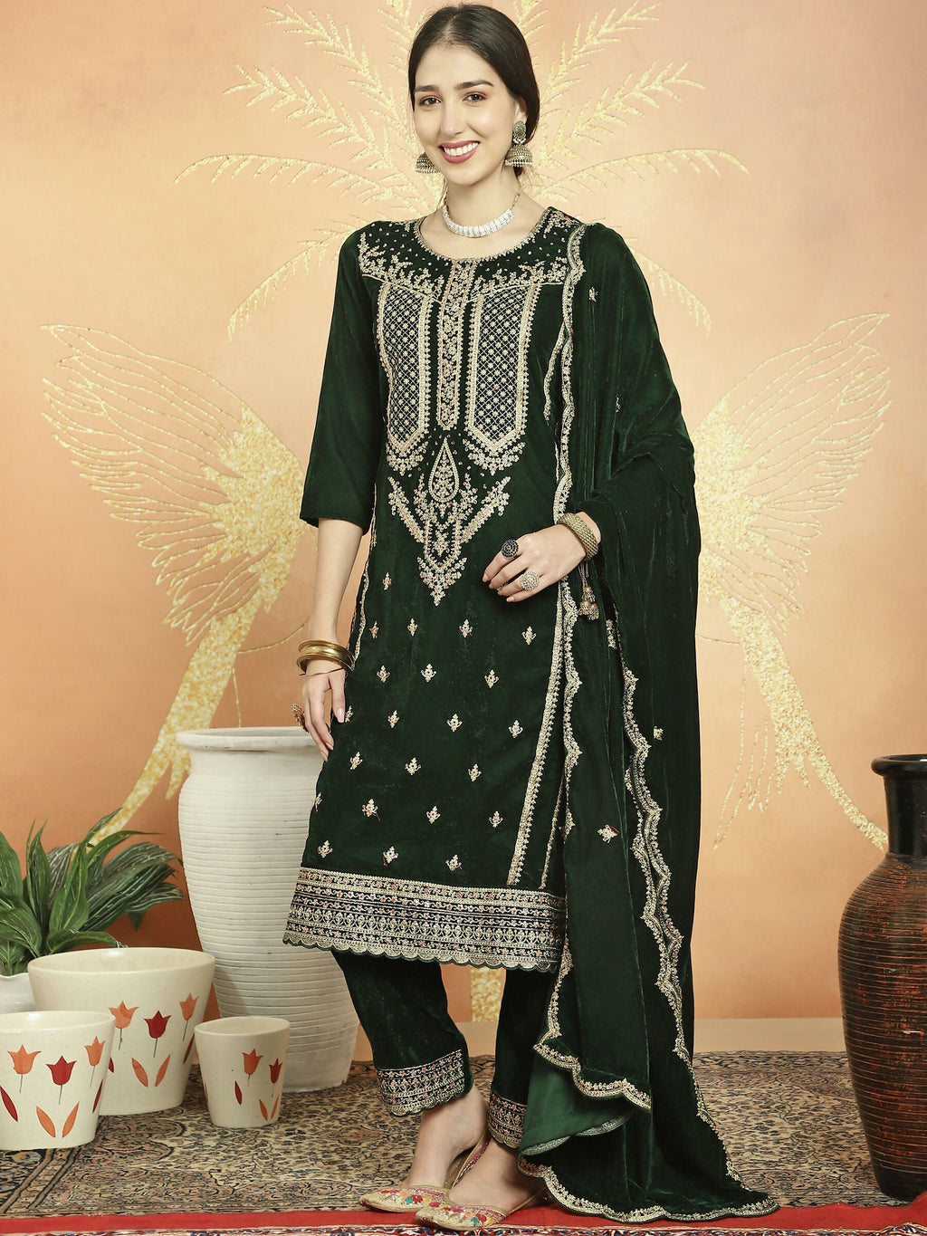 Jyoti Fashion Women's Green Velvet Cording with Resham Thread & Sequin Kurta with Trouser & Dupatta
