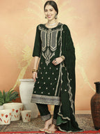 Jyoti Fashion Women's Green Velvet Cording with Resham Thread & Sequin Kurta with Trouser & Dupatta