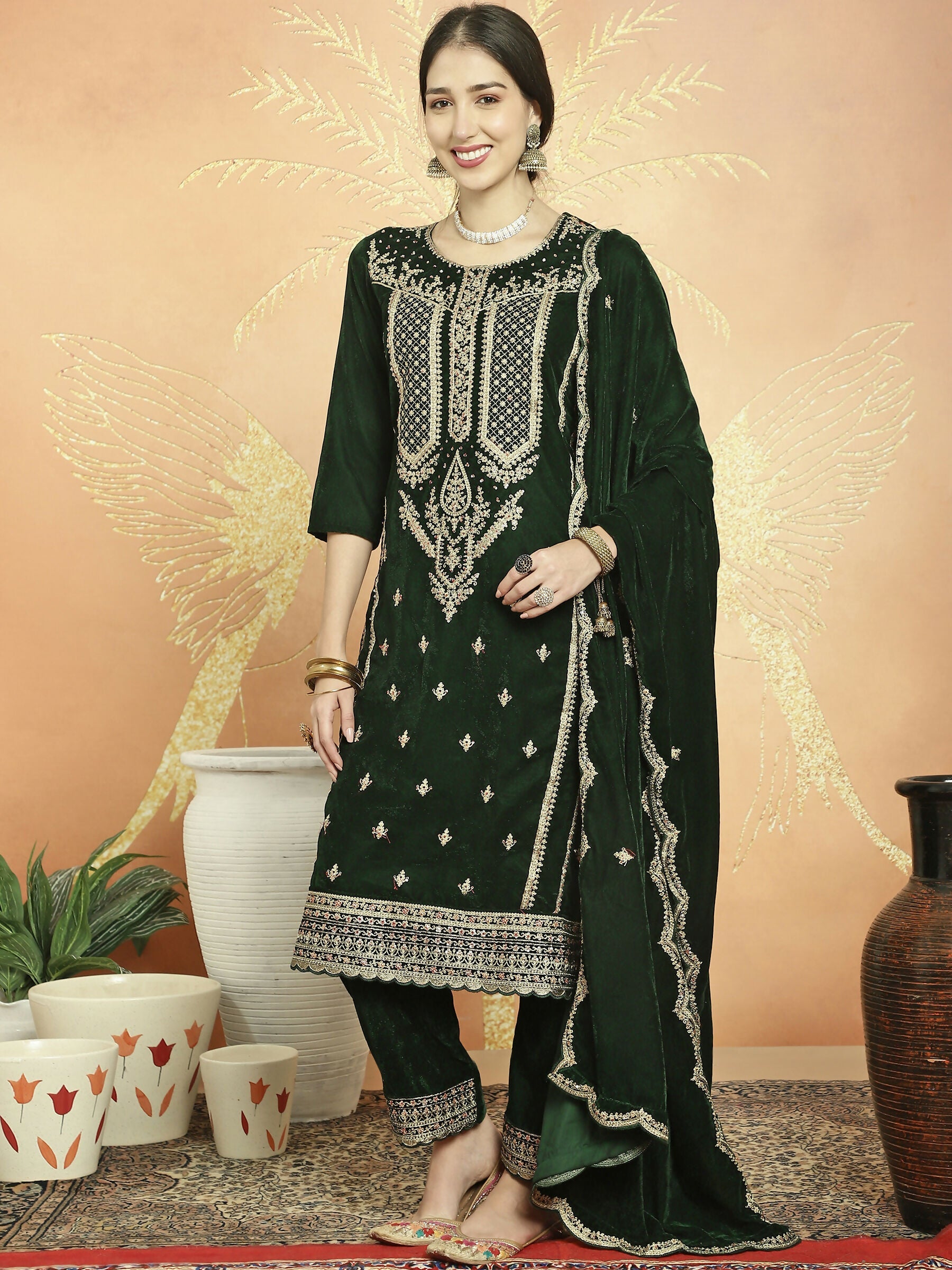 Jyoti Fashion Women's Green Velvet Cording with Resham Thread & Sequin Kurta with Trouser & Dupatta