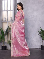 Vastranavya Baby Pink Embroidery Work Shimmer Chiffon Saree with Unstitched Blouse - Distacart