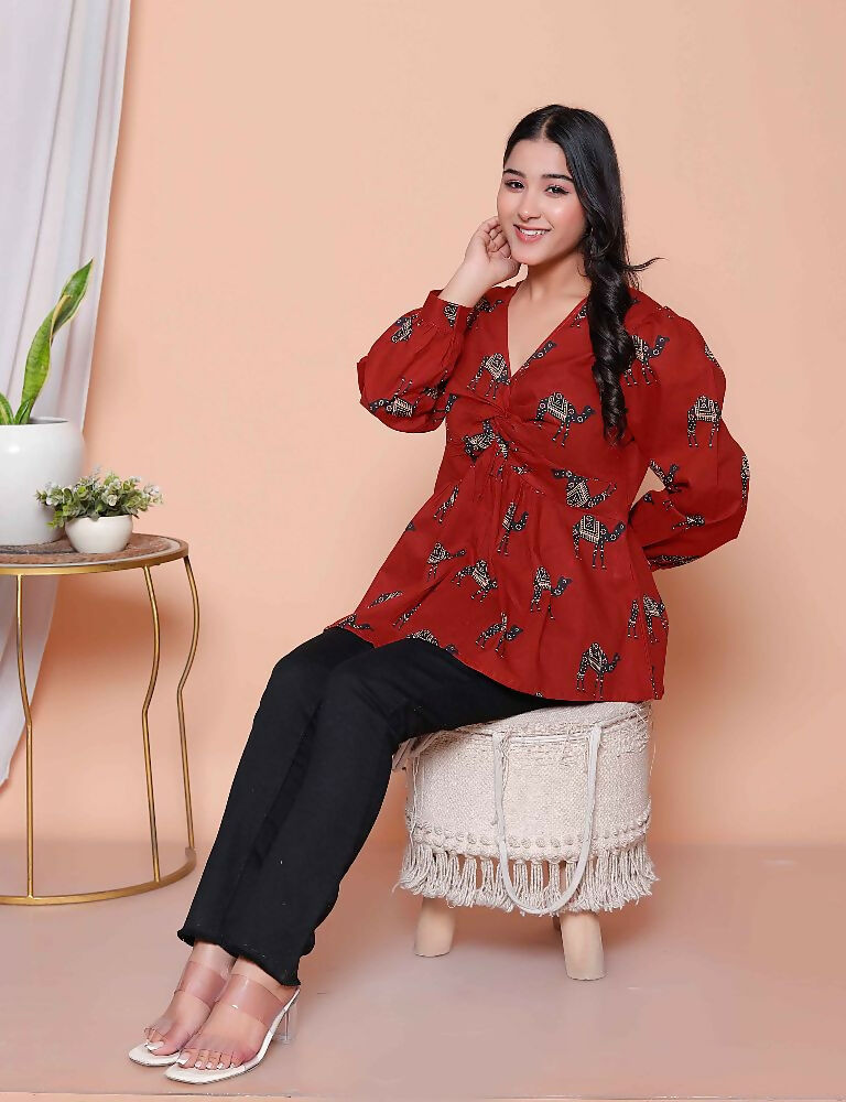Miravan Womens Brown Animal Printed Balloon Sleeves V Neck Butterfly Top - Distacart