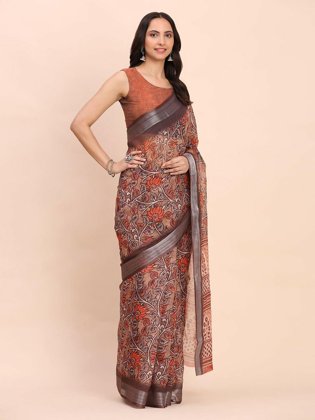Shree Shyam Fashion Linen Cotton Brown Saree - Distacart