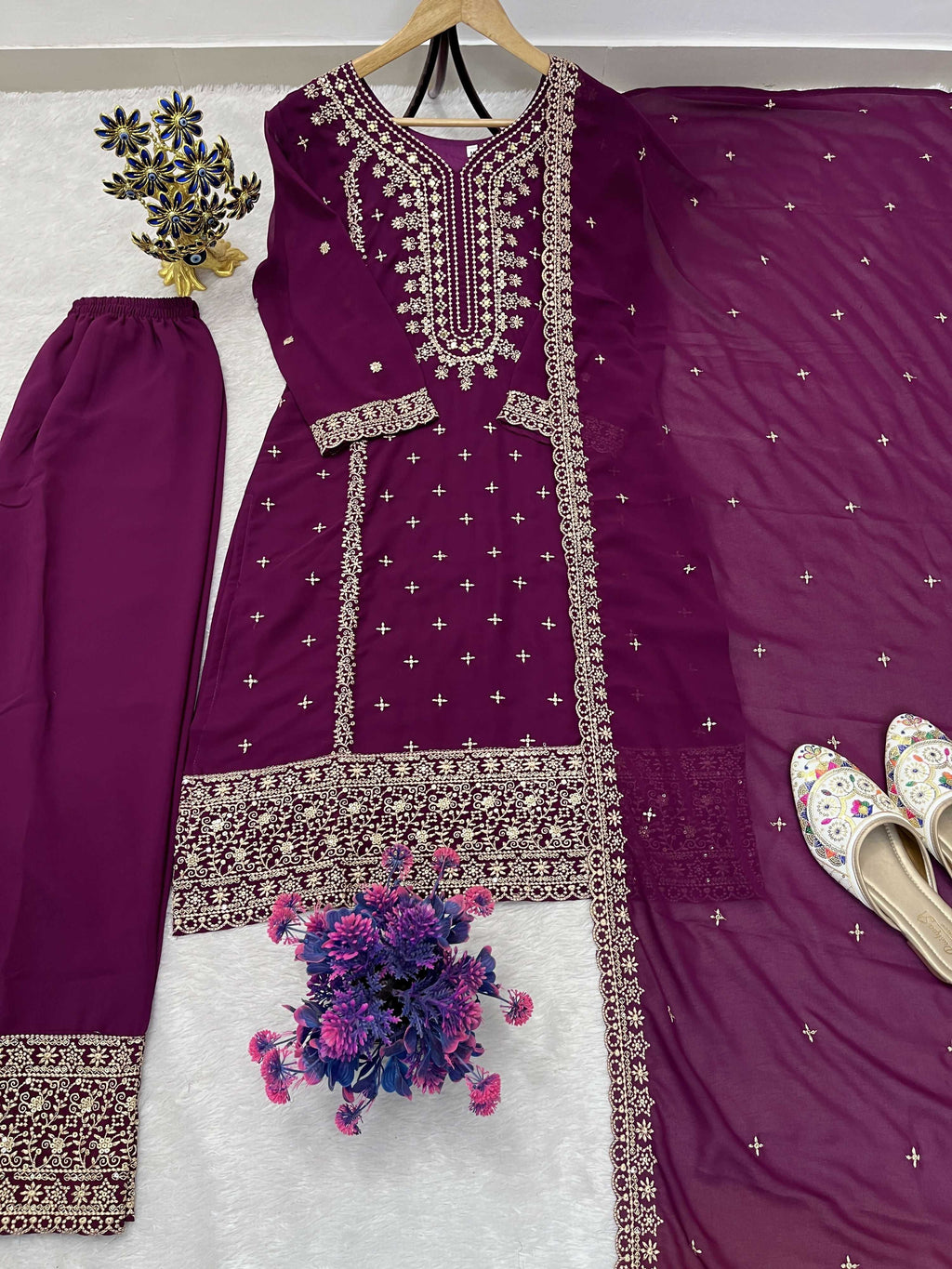 Teeya Creation Wine Color Faux Georgette Embroidery Work Party Wear Salwar Suit - Distacart