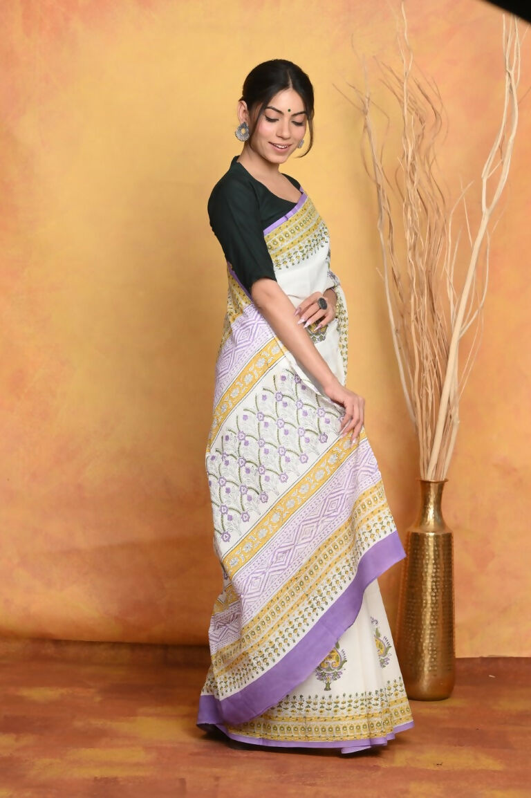 Very Much Indian Handblock Printed Cotton Saree With Natural Dyes - White - Distacart