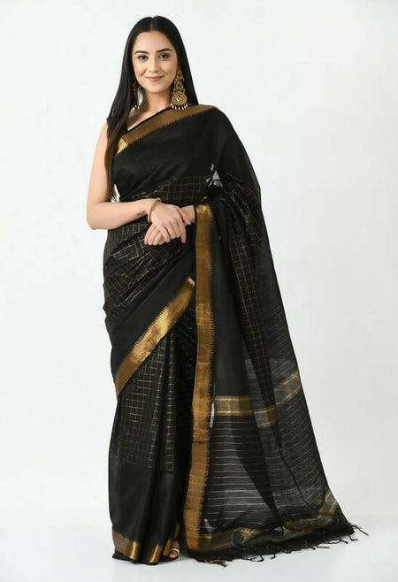 Mominos Fashion Moeza Black Bhagalpuri Handloom Silk Raj Shree Saree with unstitched Blouse piece