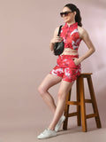 Myshka Women's Multi Printed Shirt Collar Party Top With Shorts Co-ord set