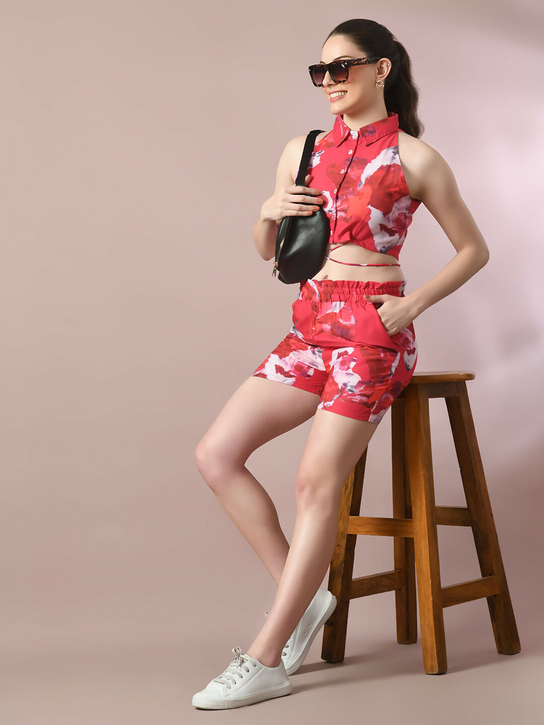 Myshka Women's Multi Printed Shirt Collar Party Top With Shorts Co-ord set