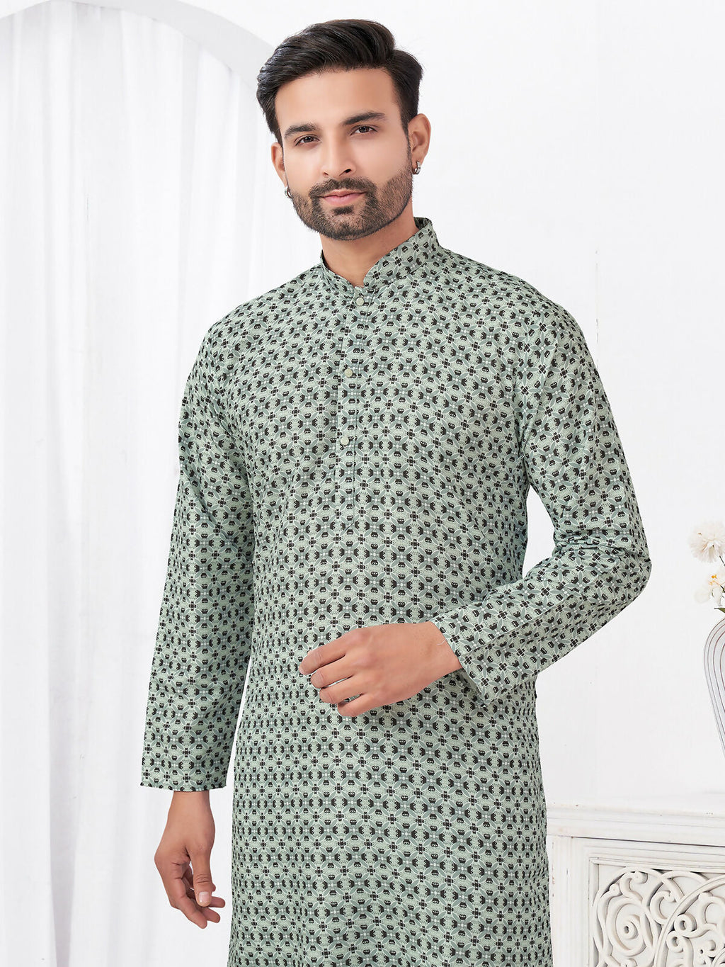 Joban Fashion Men's Rayon Cotton Grey Printed Kurta Pyjama set