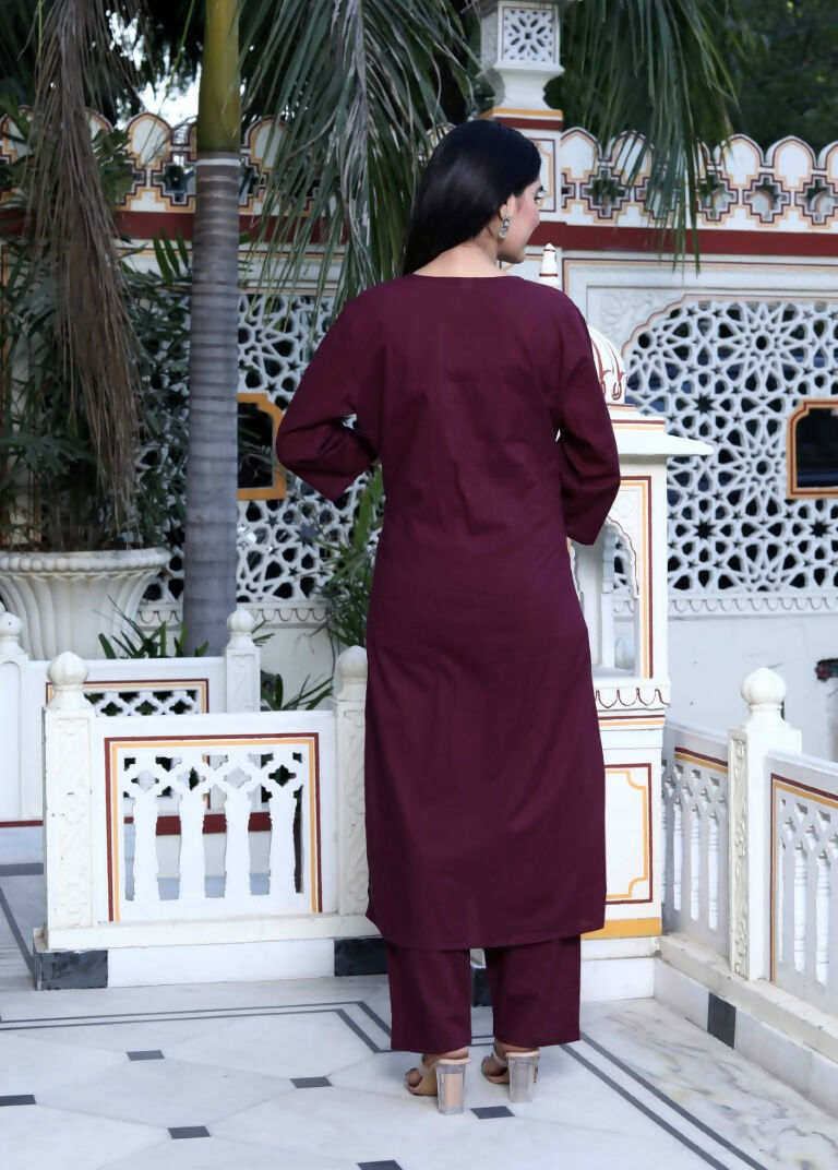 Miravan Women's Wine pure cotton floral printed Kurta and palazzo set