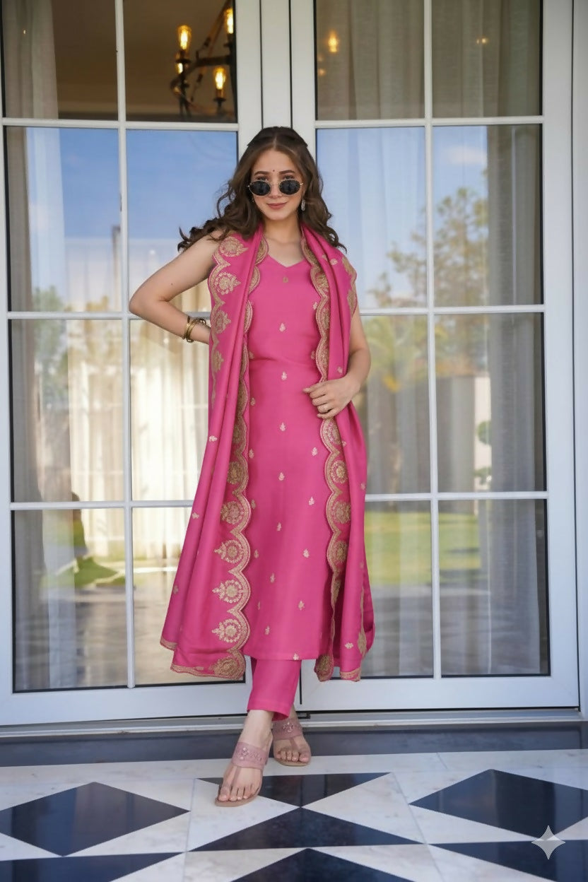 The52 Peach Women's Viscose Zari Chanderi Fabric Embroidered Work Straight Kurta, Pant and Dupatta Set - Distacart