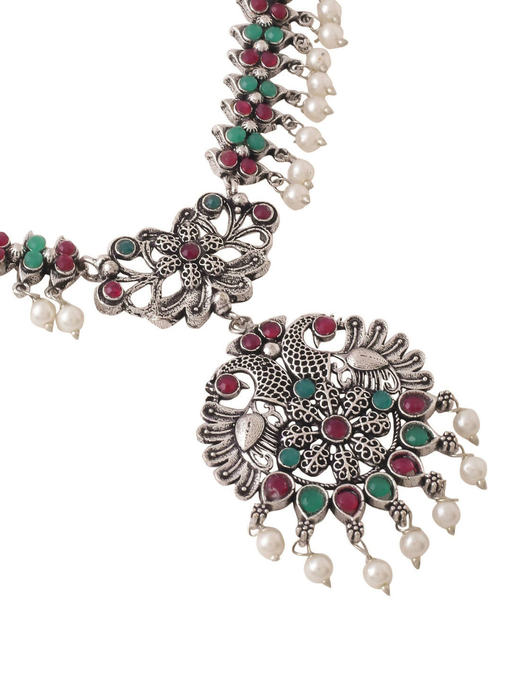 NVR Women Stone Studded Oxidised Silver Jewellery Set