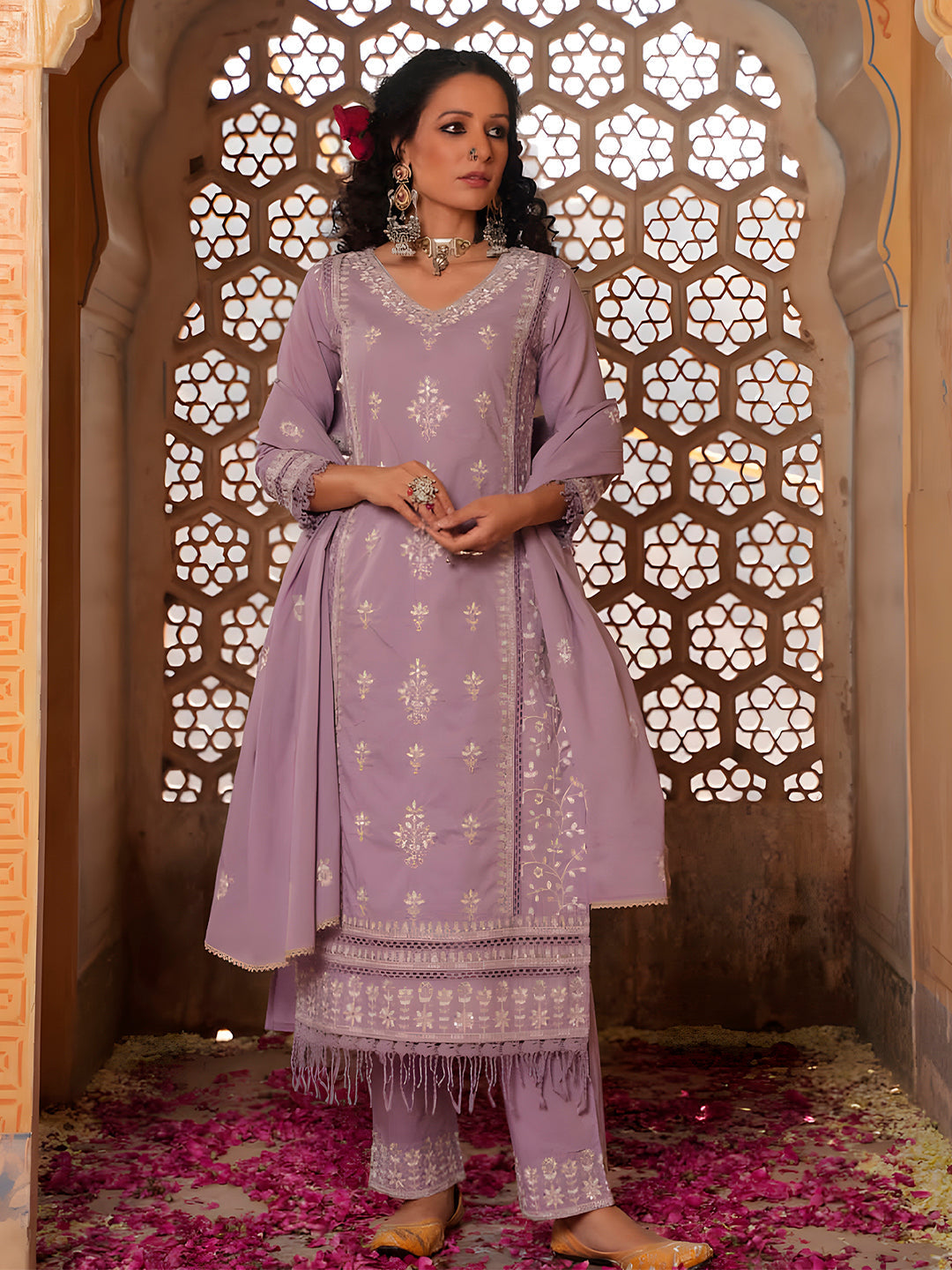 Embroidered & Lace Detailed Kurta With Pant & Embroidered Dupatta Luxury, Multicolor - Hiral Fashion - Distacart
