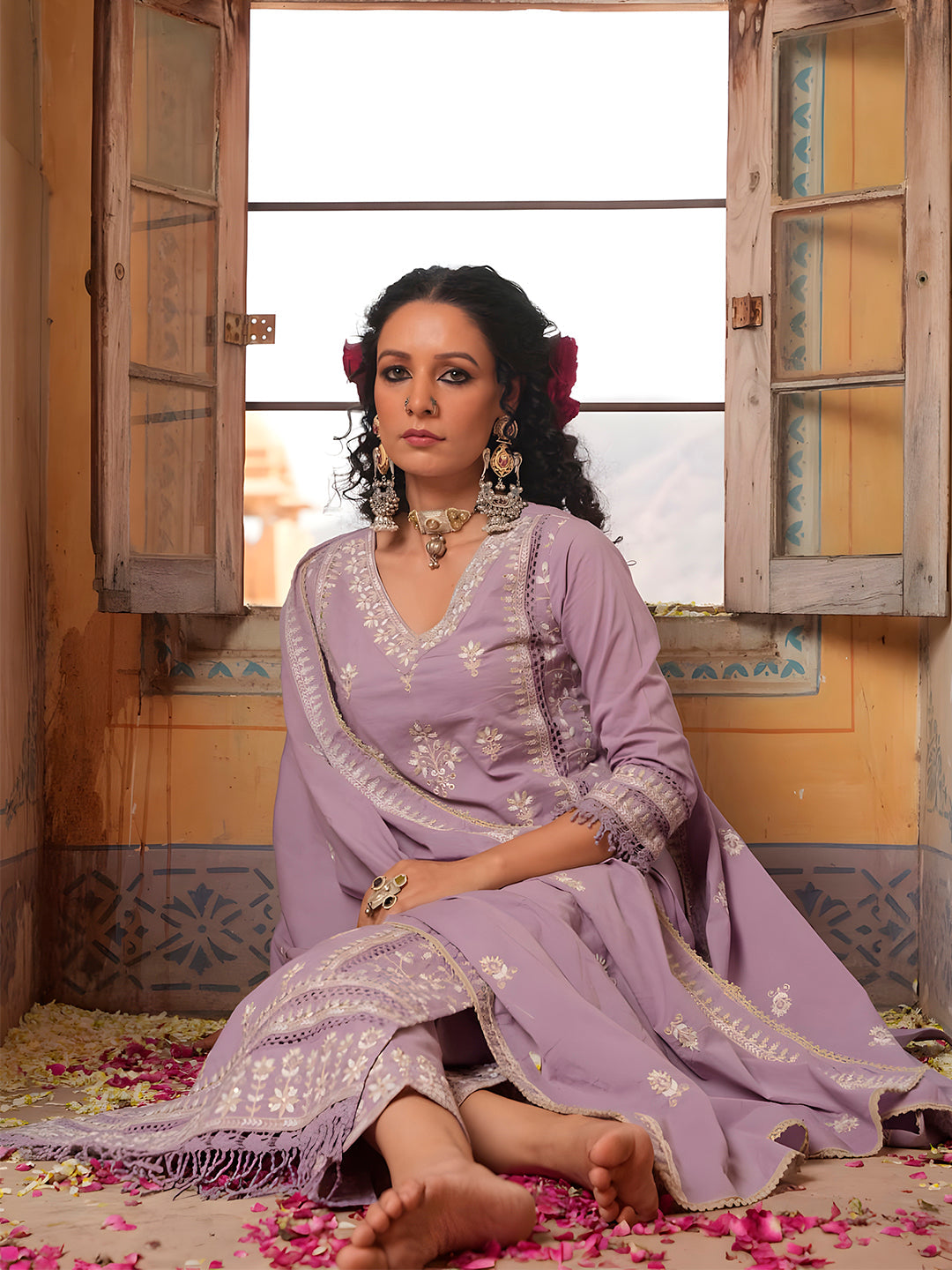 Embroidered & Lace Detailed Kurta With Pant & Embroidered Dupatta Luxury, Multicolor - Hiral Fashion - Distacart