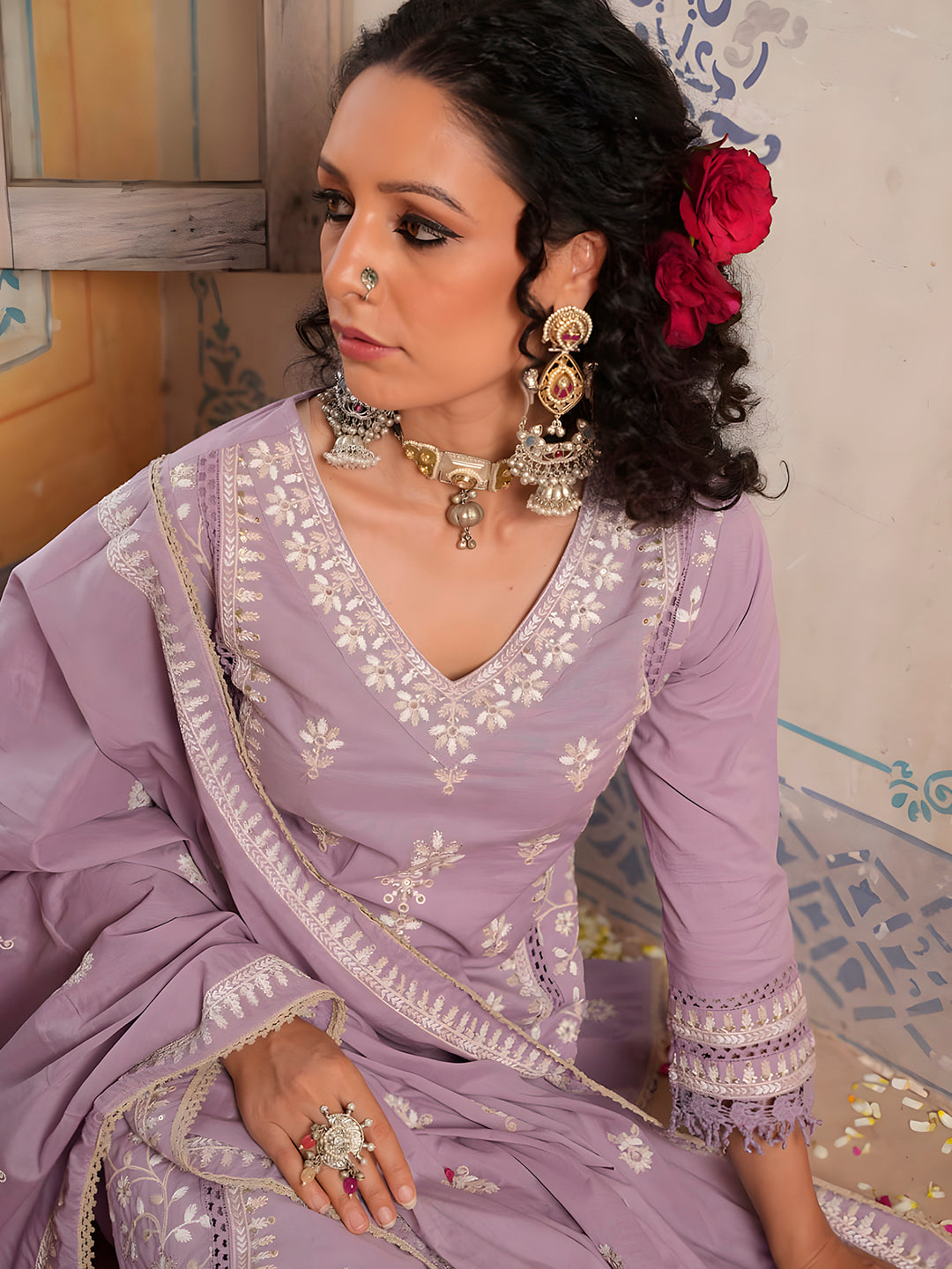 Embroidered & Lace Detailed Kurta With Pant & Embroidered Dupatta Luxury, Multicolor - Hiral Fashion - Distacart