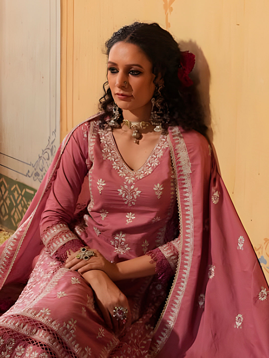Embroidered & Lace Detailed Kurta With Pant & Embroidered Dupatta Luxury, Multicolor - Hiral Fashion - Distacart