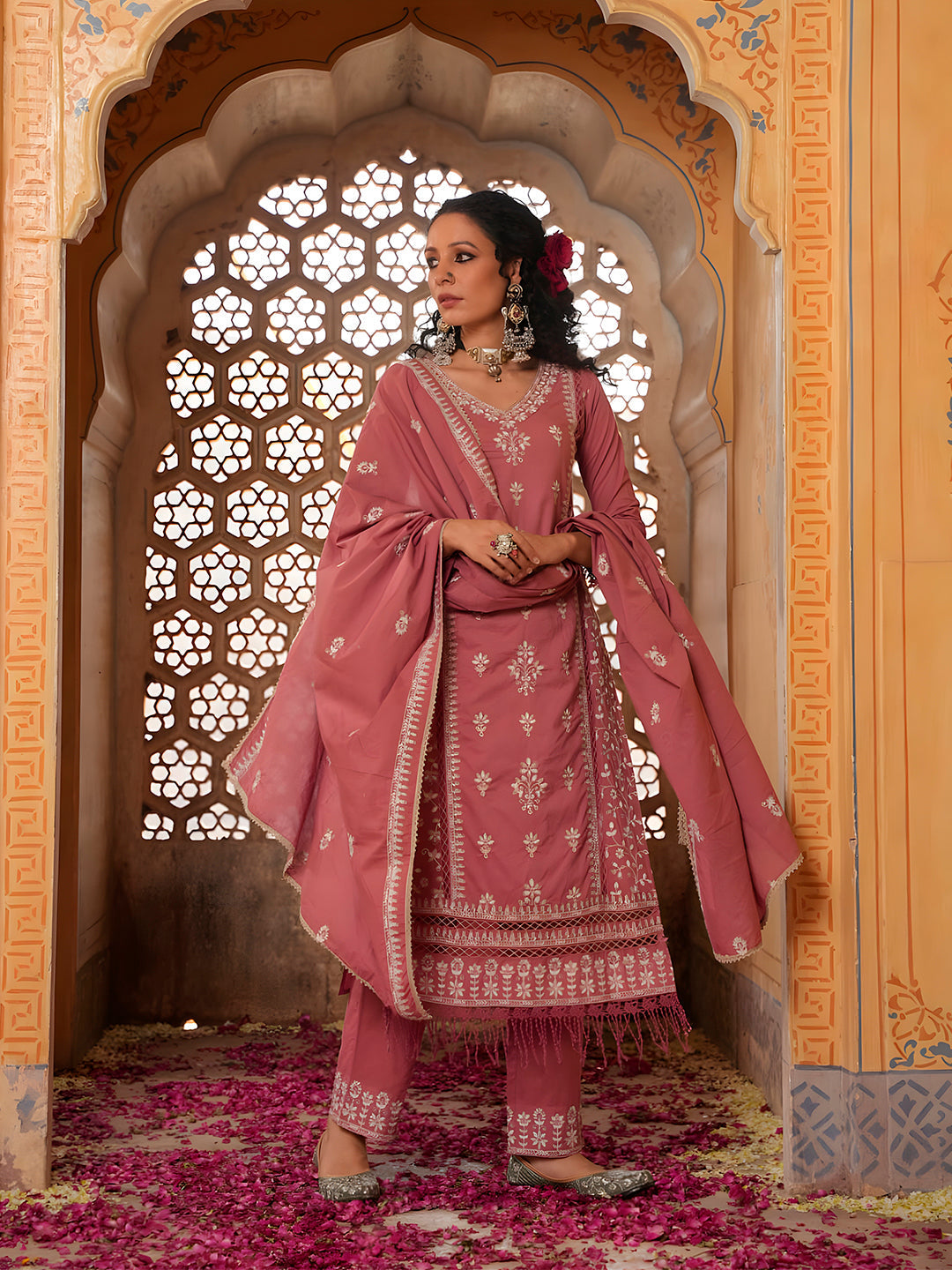 Embroidered & Lace Detailed Kurta With Pant & Embroidered Dupatta Luxury, Multicolor - Hiral Fashion - Distacart