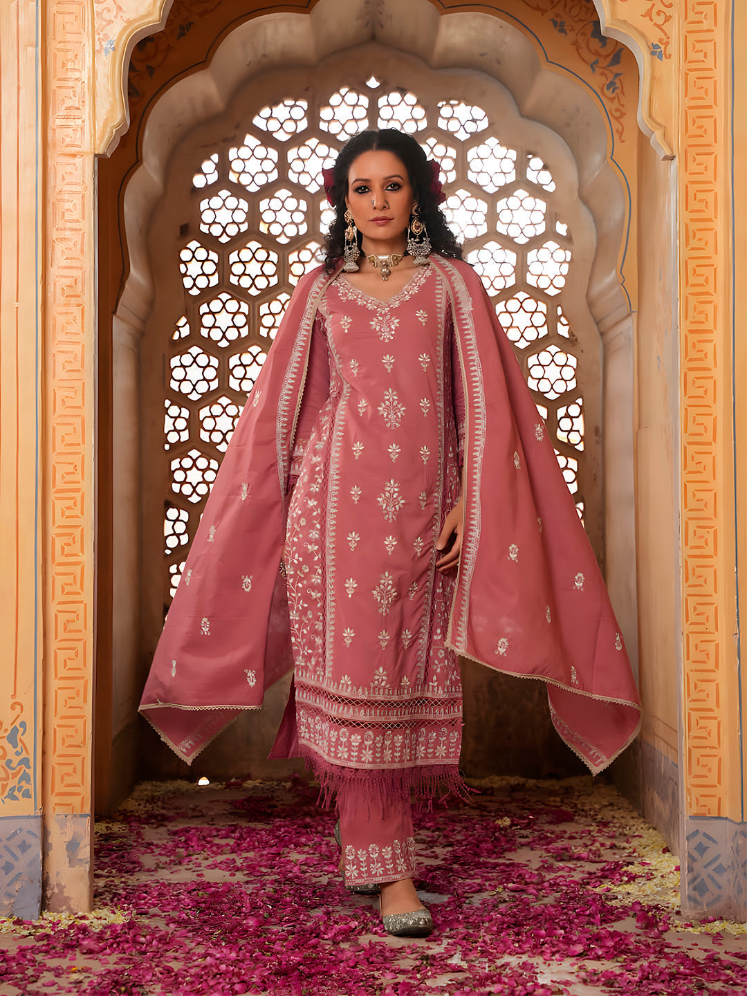 Embroidered & Lace Detailed Kurta With Pant & Embroidered Dupatta Luxury, Multicolor - Hiral Fashion - Distacart