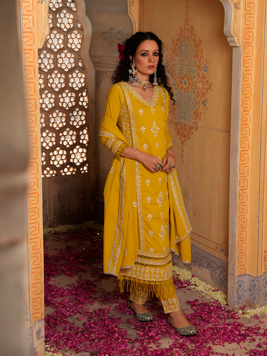 Embroidered & Lace Detailed Kurta With Pant & Embroidered Dupatta Luxury, Multicolor - Hiral Fashion - Distacart
