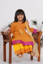 Little Bansi Girls Cotton Kurta frock with booti work,Sharara & Dupatta - Yellow