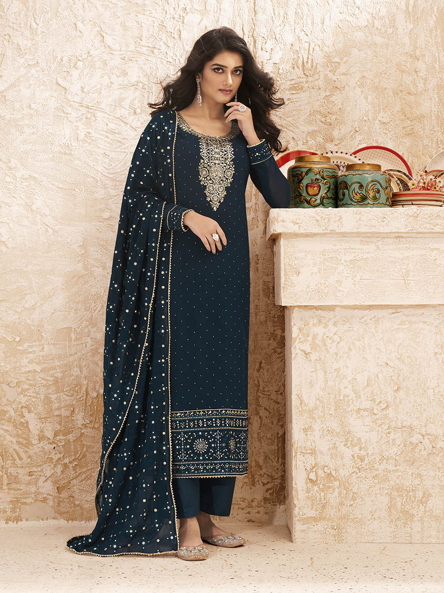 Myra Teal Blue Emboidered Georgette Pant Style Suit