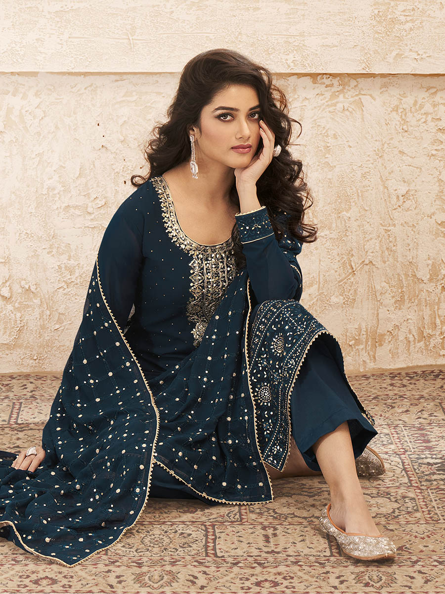 Myra Teal Blue Emboidered Georgette Pant Style Suit