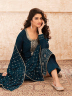Myra Teal Blue Emboidered Georgette Pant Style Suit