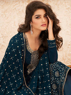 Myra Teal Blue Emboidered Georgette Pant Style Suit