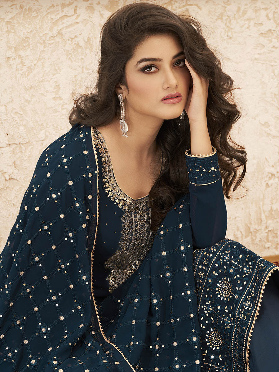Myra Teal Blue Emboidered Georgette Pant Style Suit