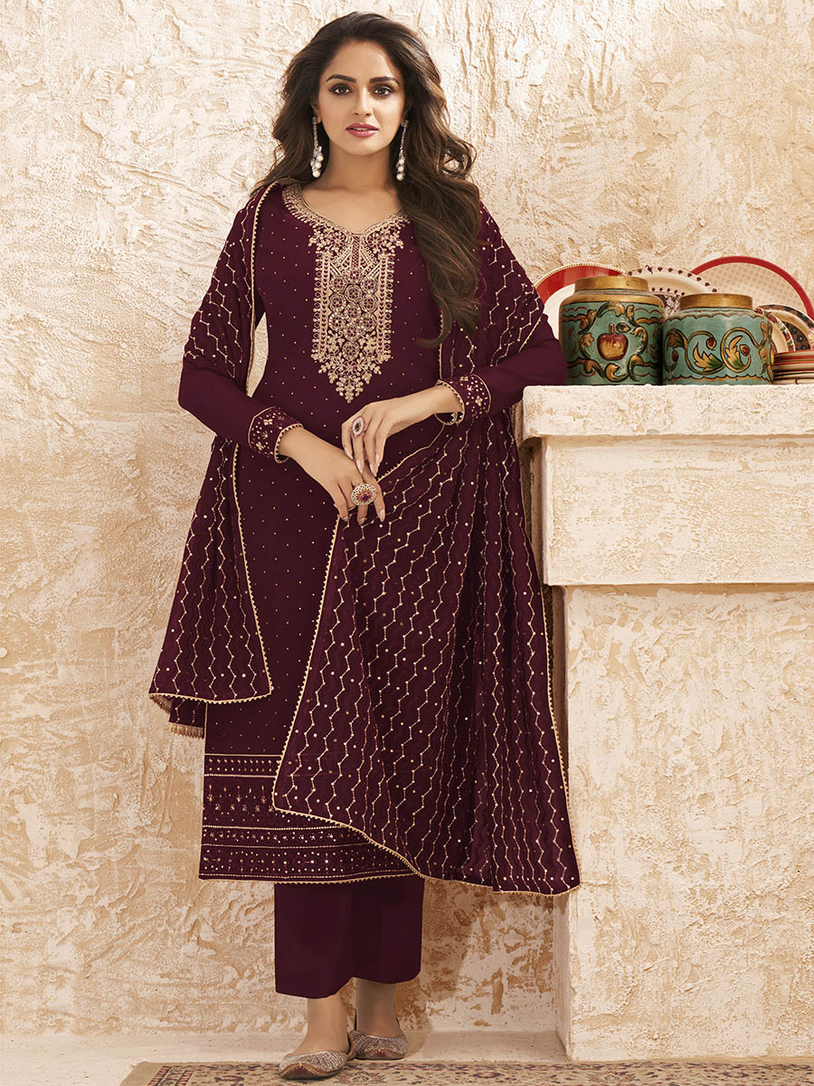 Myra Wine Emboidered Georgette Pant Style Suit