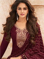 Myra Wine Emboidered Georgette Pant Style Suit