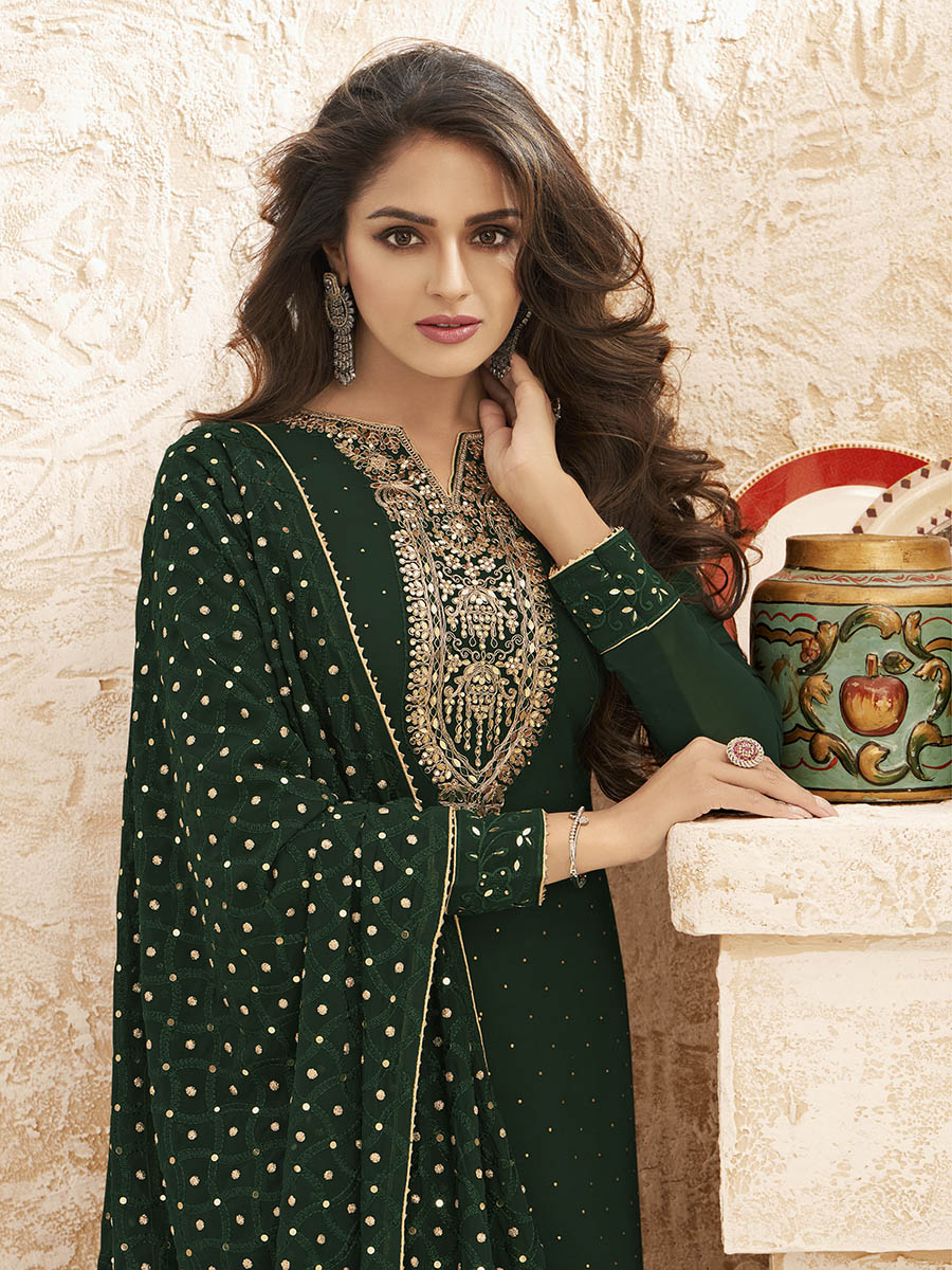 Myra Deep Green Emboidered Georgette Pant Style Suit