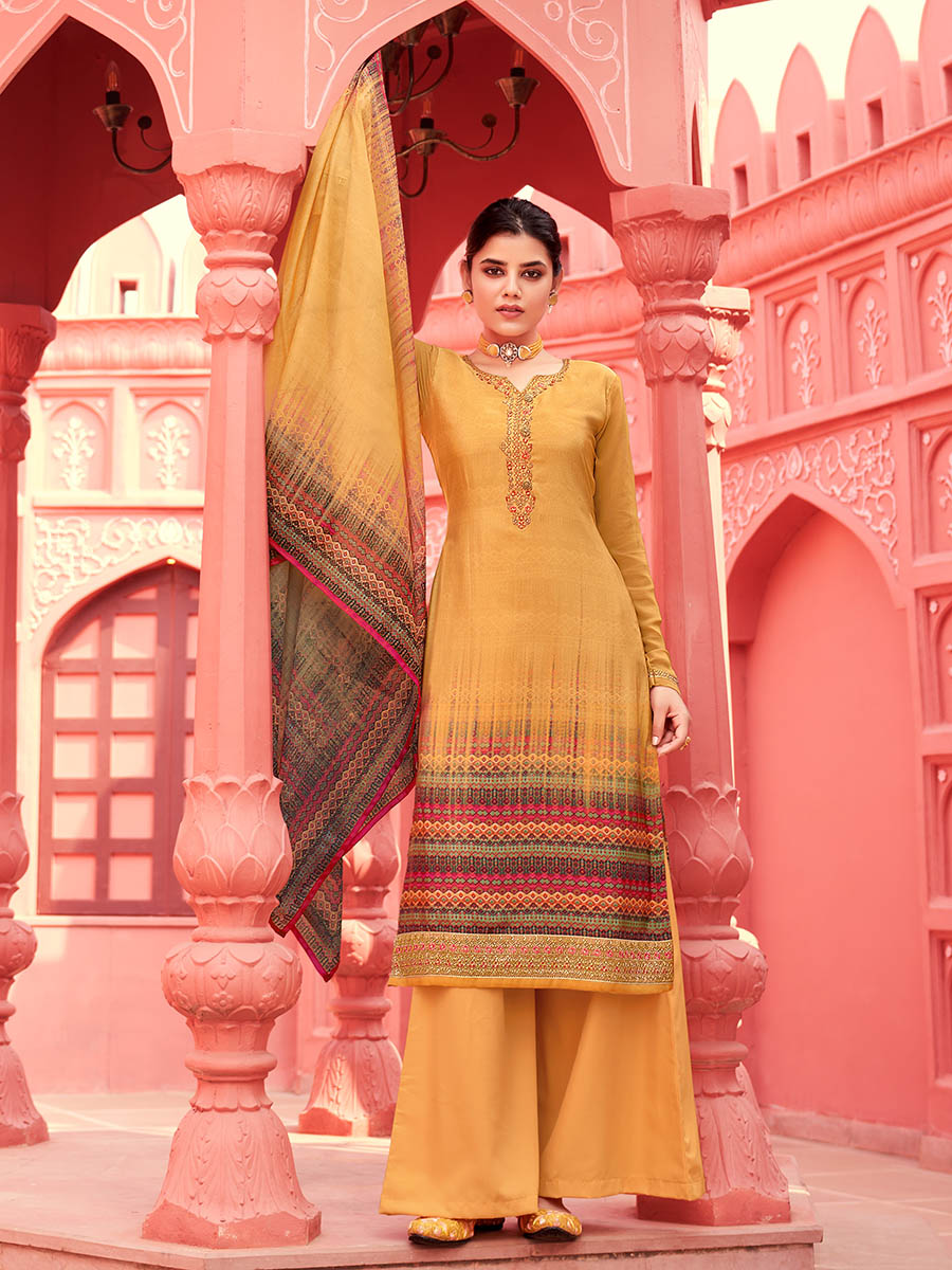 Myra Yellow Digital Print French Crepe Palazzo Suit