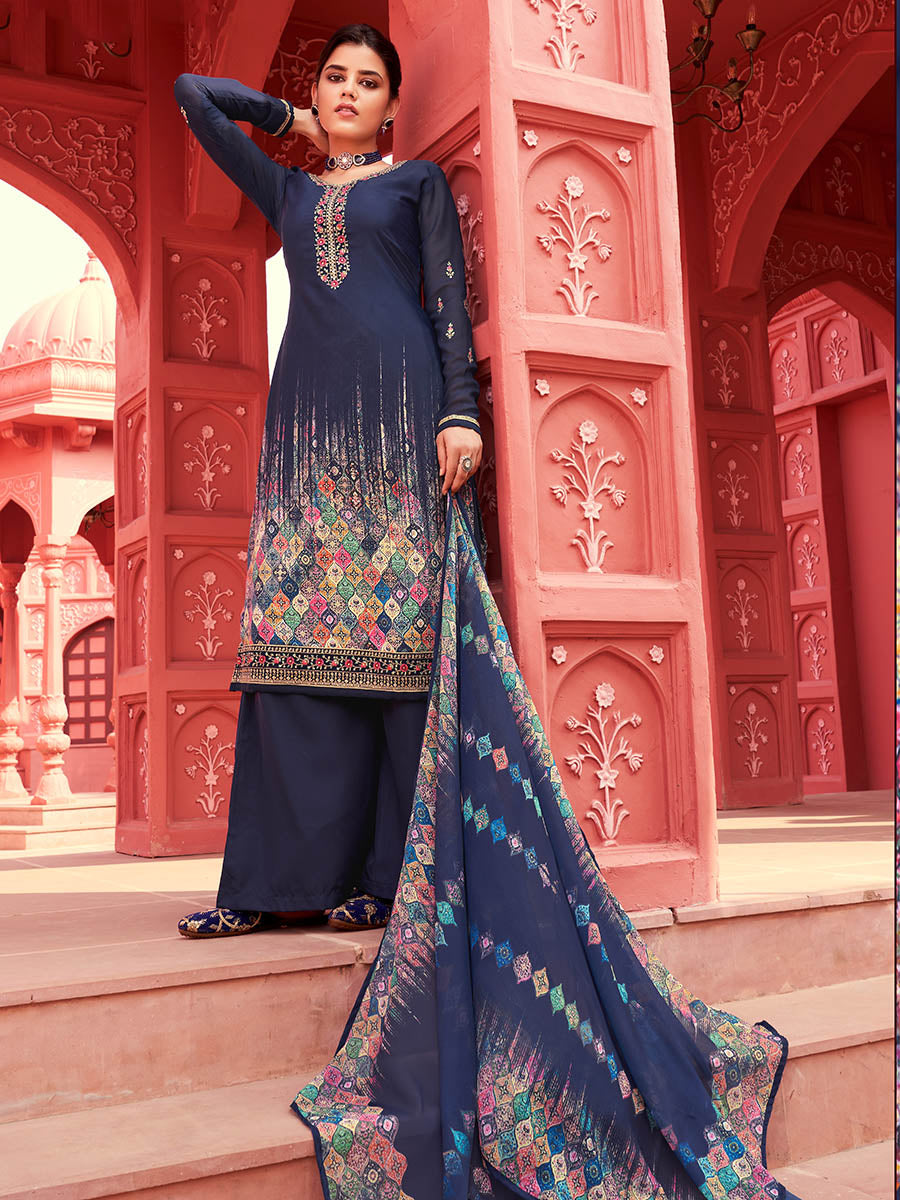 Myra Navy Blue Digital Print French Crepe Palazzo Suit