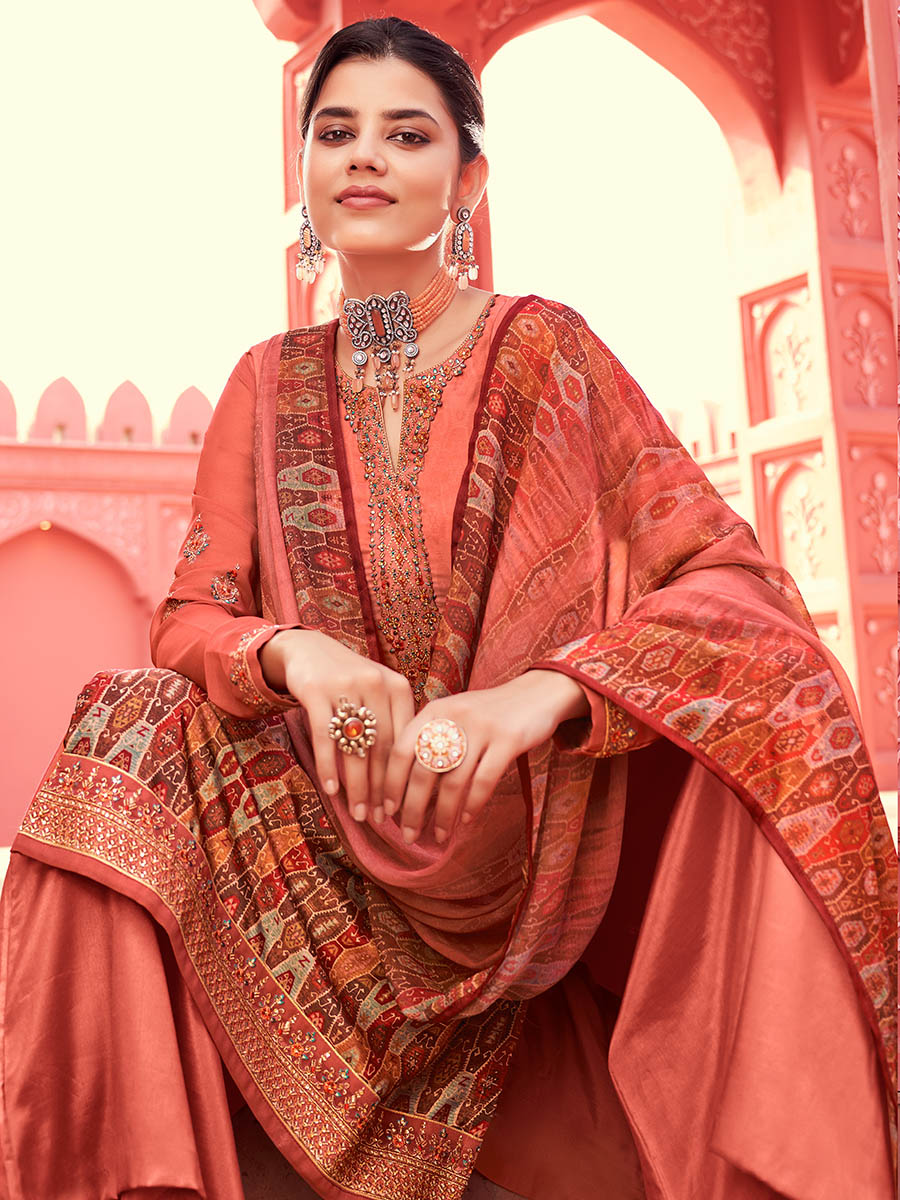 Myra Peach Digital Print French Crepe Palazzo Suit