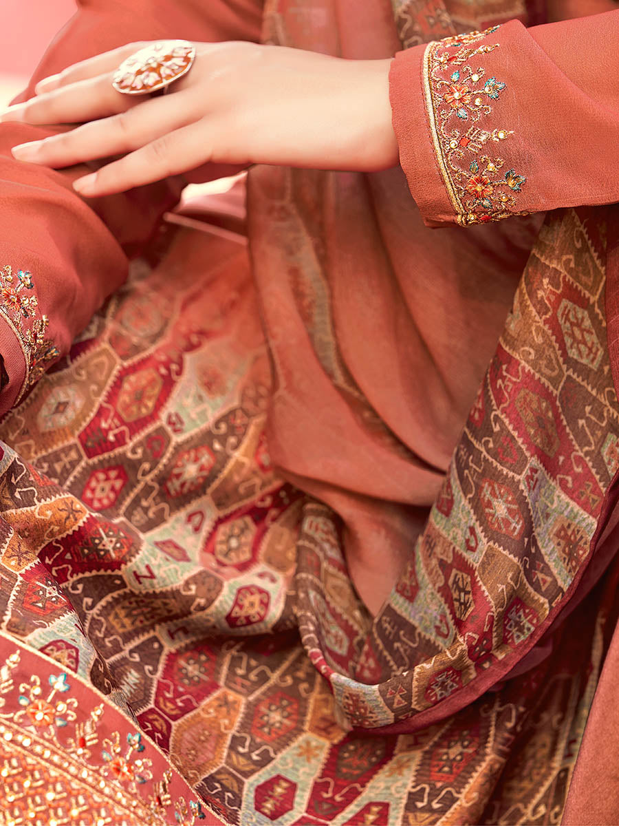 Myra Peach Digital Print French Crepe Palazzo Suit