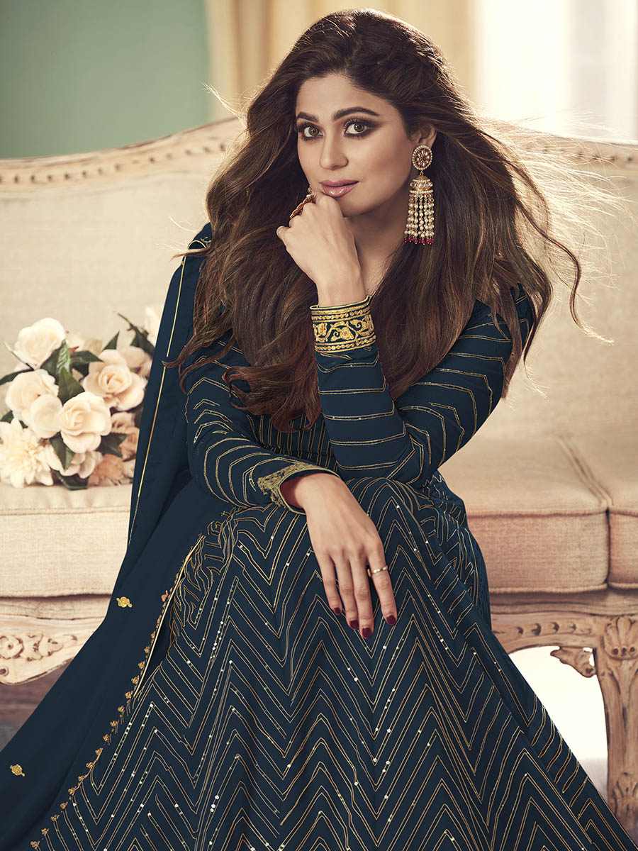 Myra Teal Real Georgette Embroidered Anarkali Suit