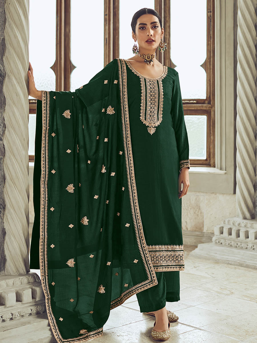 Myra Bottle Green Premium Silk Embroidered Pant Style Suit