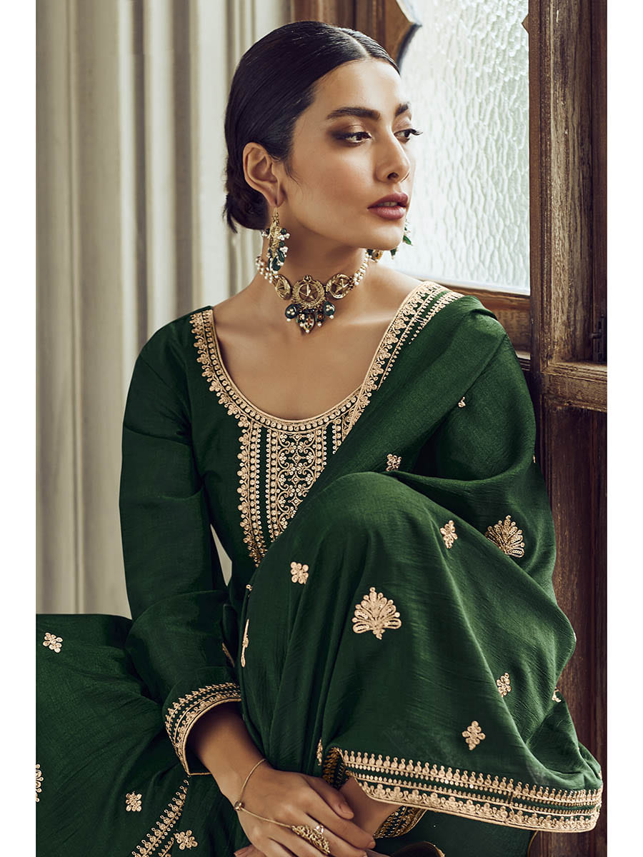 Myra Bottle Green Premium Silk Embroidered Pant Style Suit