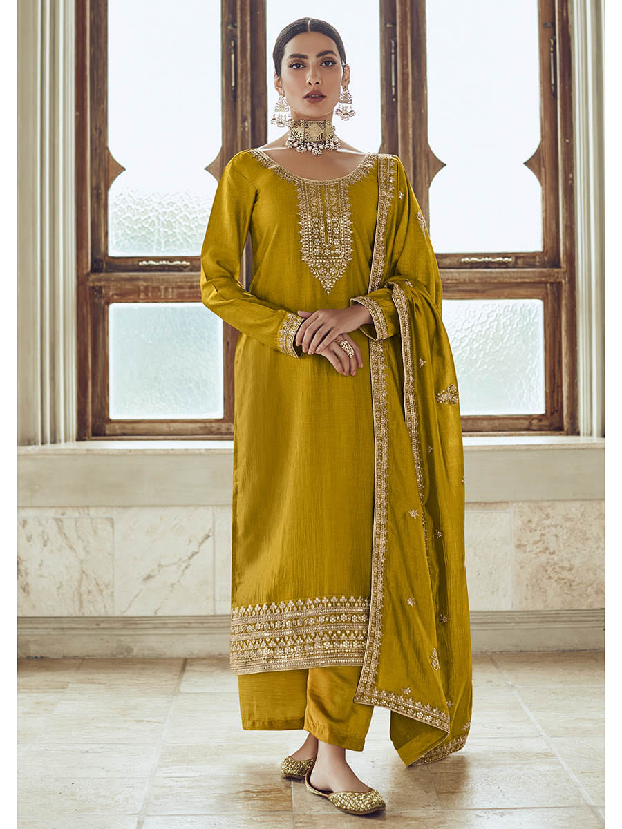 Myra Mustard Yellow Premium Silk Embroidered Pant Style Suit