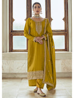Myra Mustard Yellow Premium Silk Embroidered Pant Style Suit