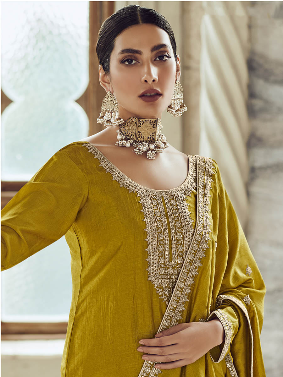 Myra Mustard Yellow Premium Silk Embroidered Pant Style Suit