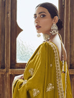 Myra Mustard Yellow Premium Silk Embroidered Pant Style Suit