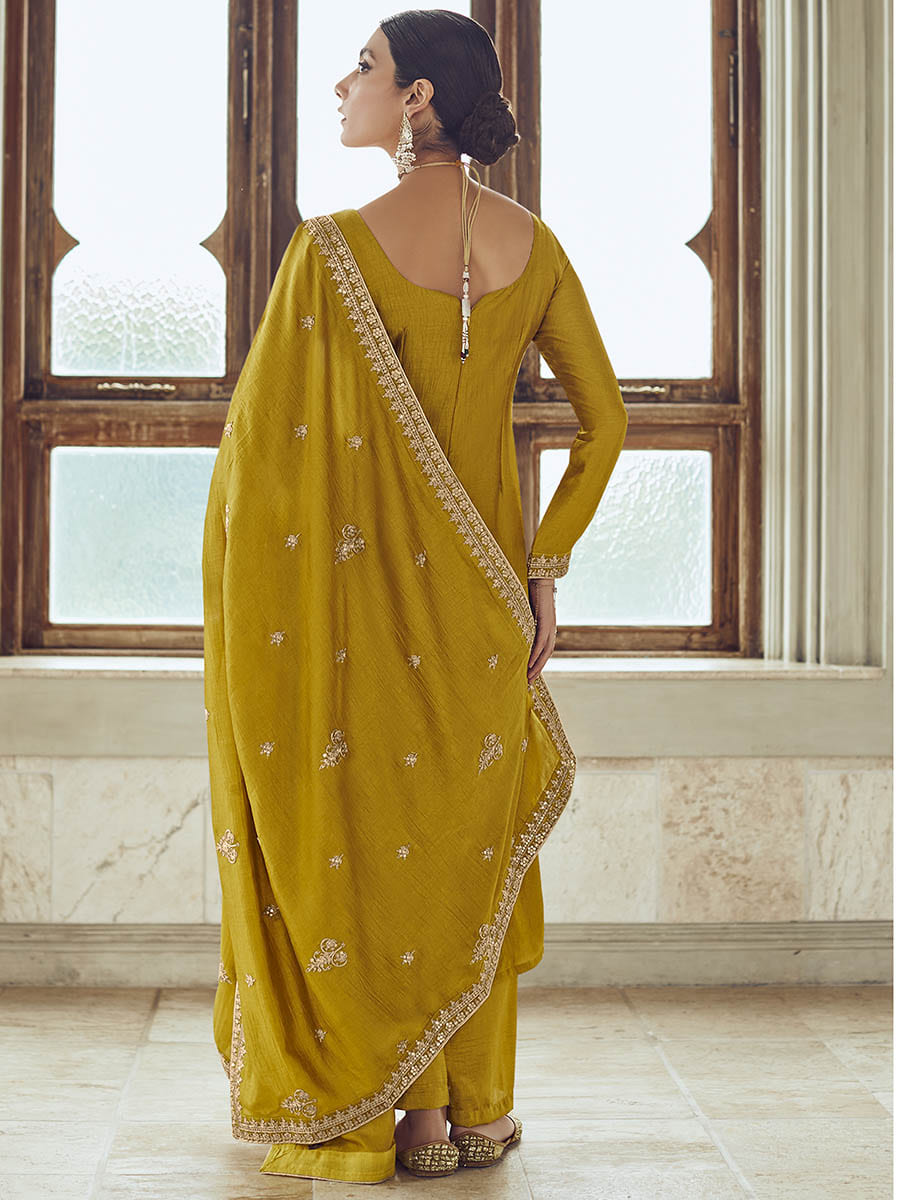 Myra Mustard Yellow Premium Silk Embroidered Pant Style Suit
