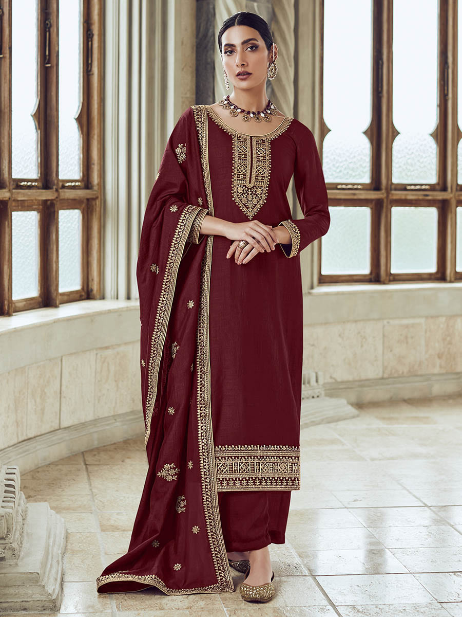 Myra Maroon Premium Silk Embroidered Pant Style Suit