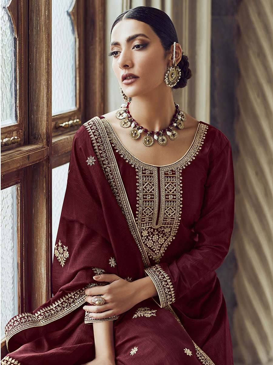 Myra Maroon Premium Silk Embroidered Pant Style Suit