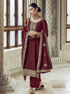 Myra Maroon Premium Silk Embroidered Pant Style Suit