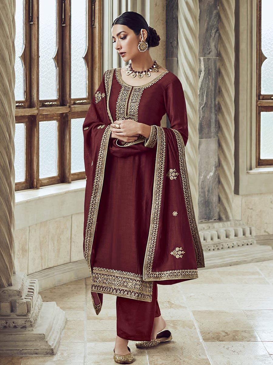 Myra Maroon Premium Silk Embroidered Pant Style Suit