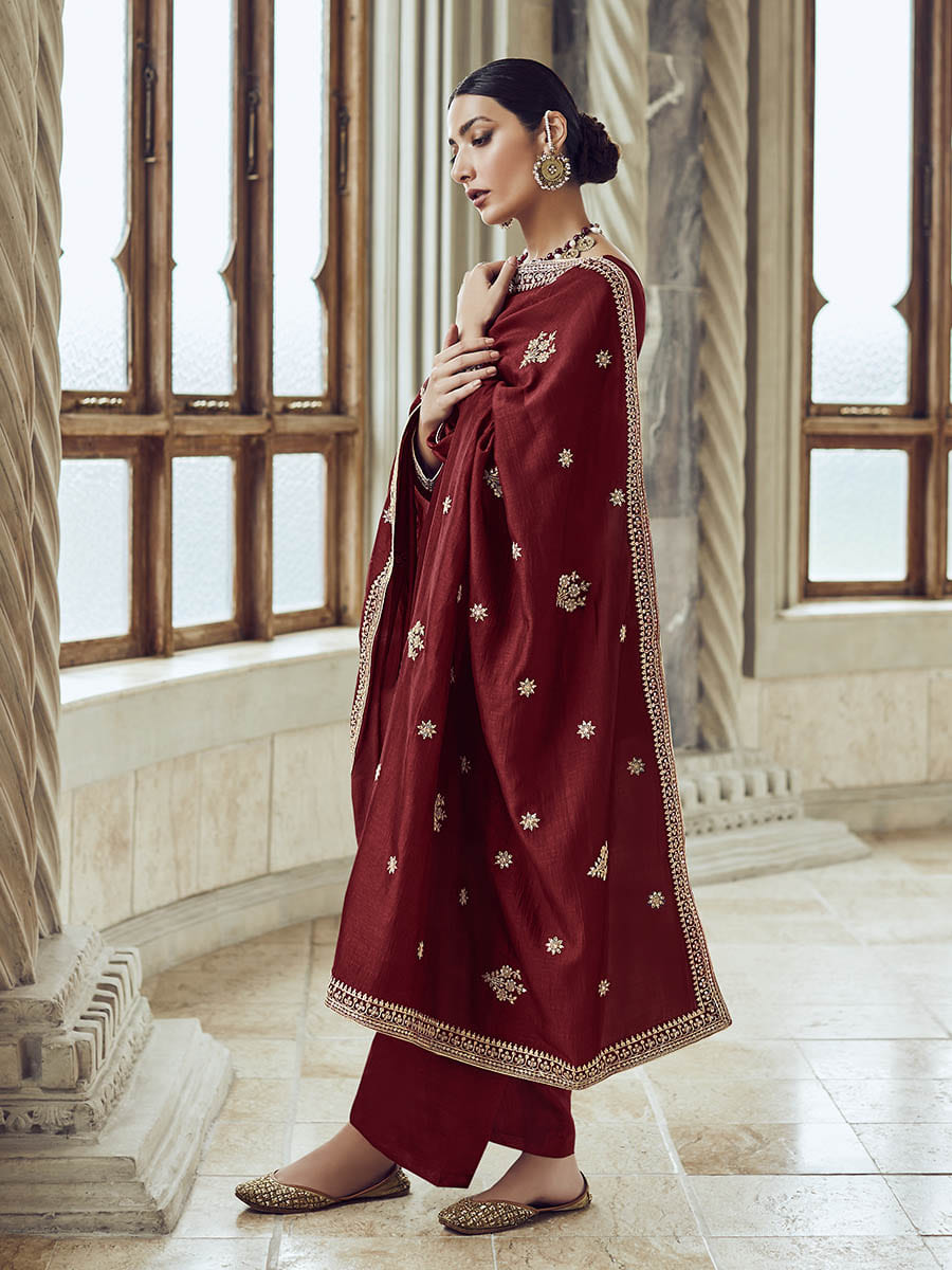 Myra Maroon Premium Silk Embroidered Pant Style Suit