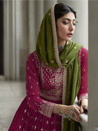 Myra Mehendi and Rani Georgette Skirt Style Embroidered Suit
