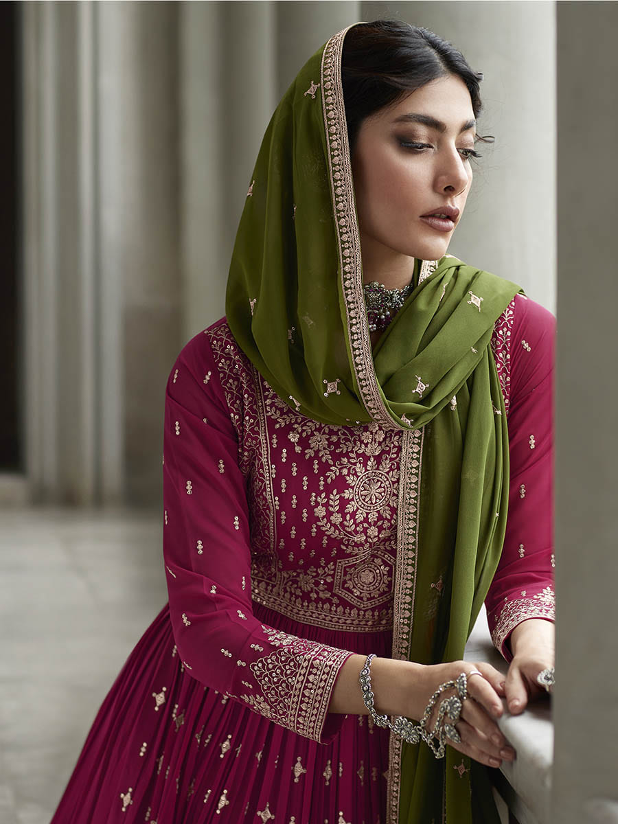 Myra Mehendi and Rani Georgette Skirt Style Embroidered Suit
